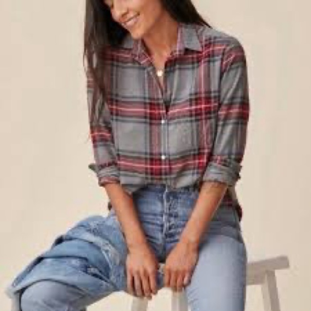Women's Grey and Red Plaid Button-Down Shirt